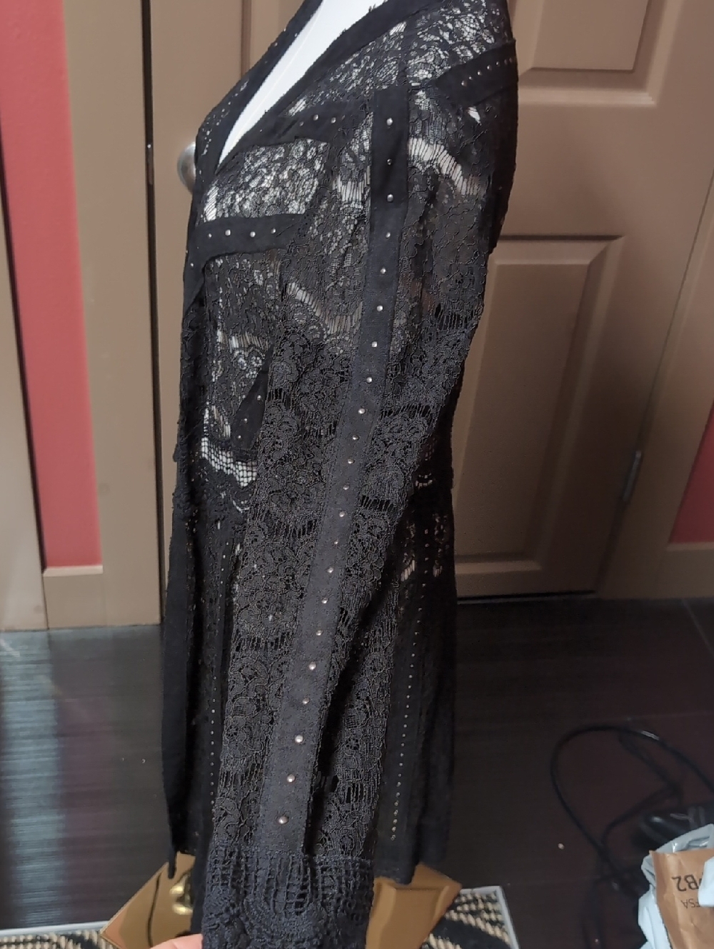 Black Lace Duster With Studs By Vocal - Picture 3 of 8